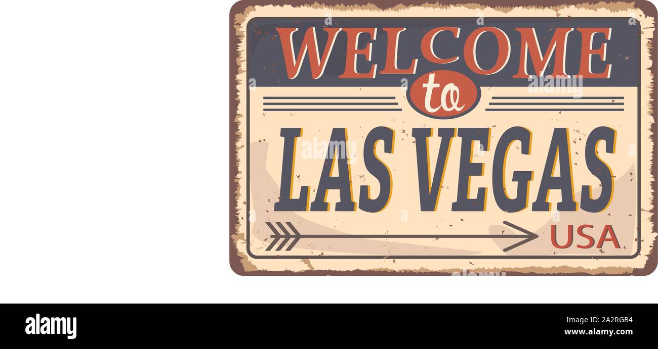 Greetings from Las Vegas Vintage tin sign with Retro souvenirs or postcard templates on rust background. Vintage old paper Stock Vector