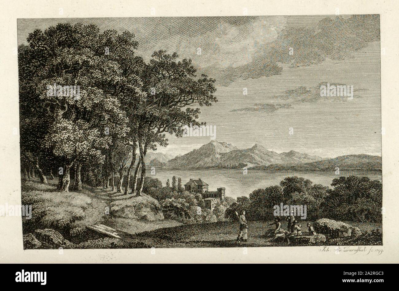 Lake Maggiore; Panoramic view from Lavenno on Pallanza, View of Laveno-Mombello on Lake Maggiore in Italy, signed: Joh. Ad., Darnstedt sc, Fig. 3, to p. 513, Darnstedt, Johann Adolf (sc.), Friederike Brun: Tagebuch einer Reise durch die östliche, südliche und italienische Schweiz. Kopenhagen: Bey Friedrich Brummer, 1800 Stock Photo