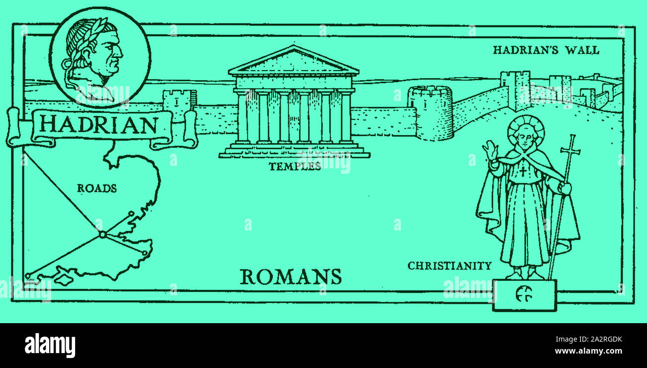 1930's illustration showing symbolic images from the History of Britain at the time of The Romans - Roads -Temples - Christianity - Hadrian - Hadrian's Wall Stock Photo