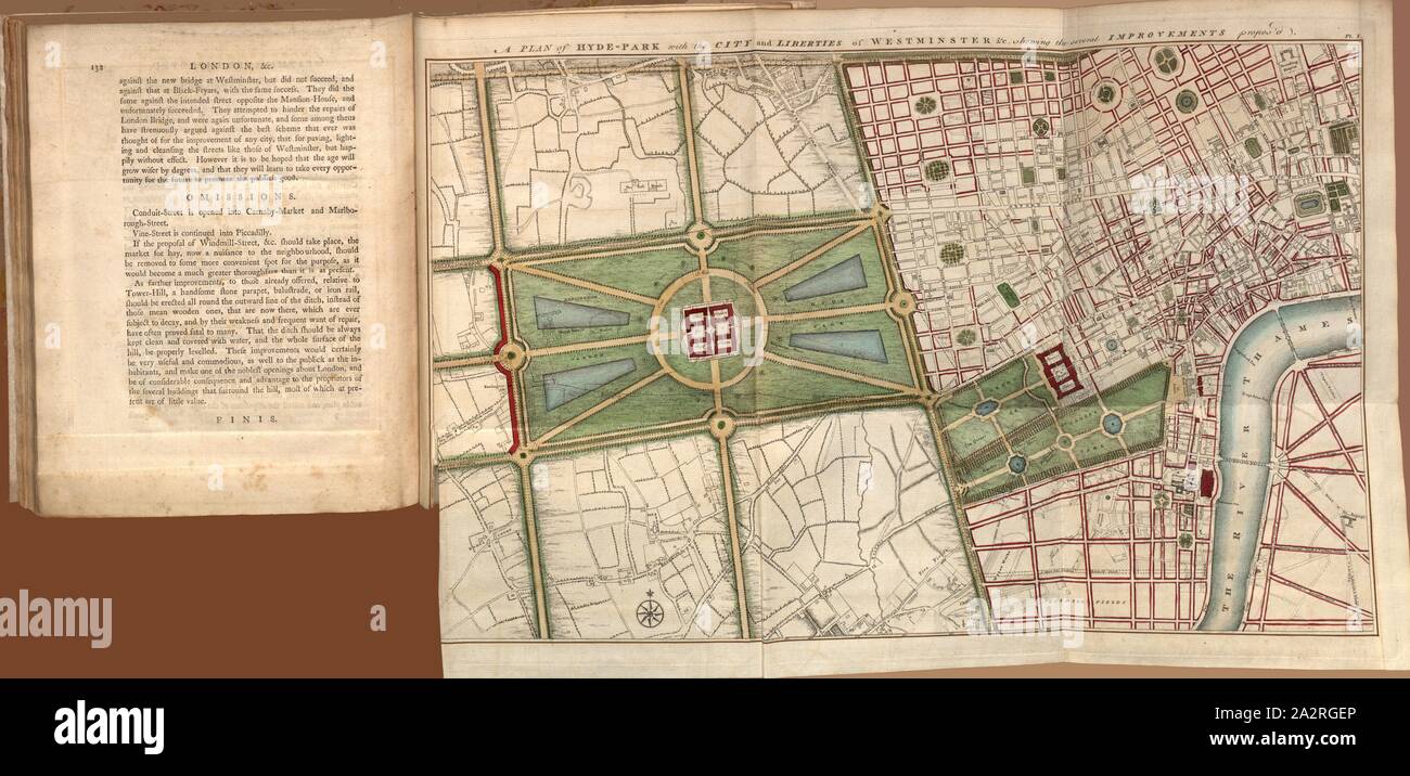 A Plan of Hyde-Park with the City and the Liberties of Westminster, Map of  Westminster and Hyde Park from the 18th century, Pt., I, after p. 132,  1766, John Gwynn: London and, image size:1300x716