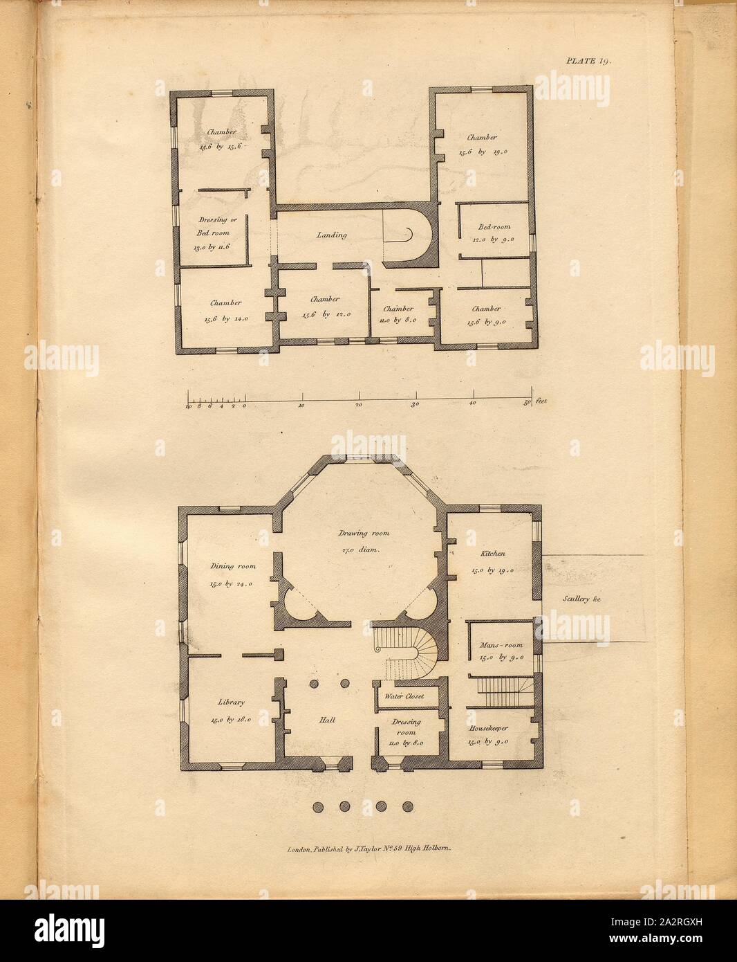 The Plan of a considerable Villa, Floor plan of a villa, Plate 19, to p. 23, 1835, Edmund Aikin: Designs for villas and other rural buildings ...: together with a memoir of the author and an introductory essay, containing remarks on the defects of modern architecture, and an investigation of the style best adapted for the dwellings of present times. London: Weale. 1835 Stock Photo