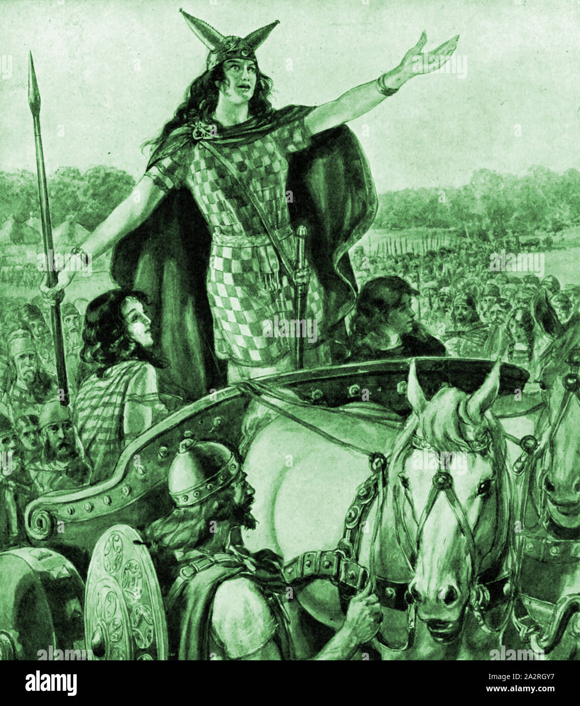 A 1930's illustration of Boudicca / Boudicea/ Boudica / Boudicca  Queen of the Icini tribe in her chariot inciting the British to mutiny against the Roman invaders. She led the uprising against the occupying forces of the Roman Empire in AD 60 or 61 Stock Photo