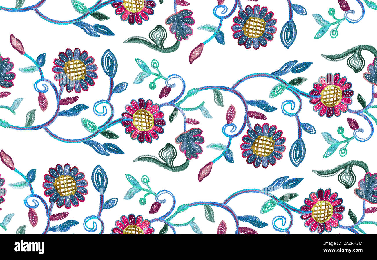 Embroidery flowers. Seamless pattern. Bright embroidered floral print