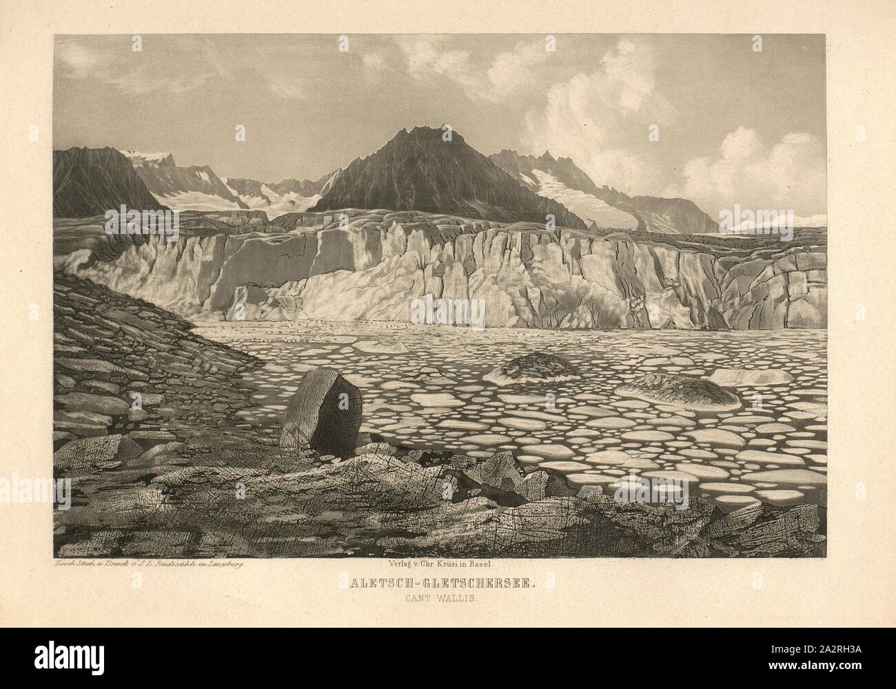 Aletsch-Gletschersee Cant Wallis., Aletsch Glacier Lake with ice floes in the canton of Valais, according to p. 219, p. 207, Rüdisühli, J. L. (del., sc. et imp.), 1870, Eduard Osenbrüggen: Das Hochgebirge der Schweiz: Prachtwerk mit 52 der interessantesten Ansichten aus dem Alpen-, Gletscher- und Felsengebiete. Basel: Krüsi, [18 Stock Photo