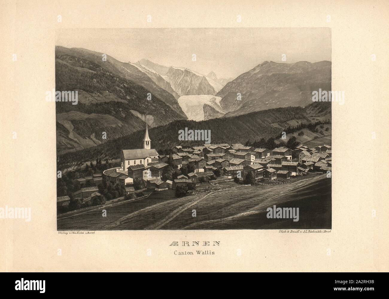 Aernen Canton Wallis, The village of Aernen with church and glacier in the background in the canton of Valais, after S. 223, S. 211, Rüdisühli, J. L. (sc. et imp.), 1870, Eduard Osenbrüggen: Das Hochgebirge der Schweiz: Prachtwerk mit 52 der interessantesten Ansichten aus dem Alpen-, Gletscher- und Felsengebiete. Basel: Krüsi, [18 Stock Photo