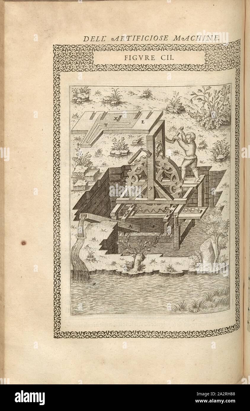 Entwässerungsmaschine (6), Manually operated machine for drainage, copperplate engraving, Fig. CII, p. To p. 158, 1588, Agostino Ramelli: Le diverse et artificiose machine del capitano Agostino Ramelli (...). A Parigi: in Casa del'autore, 1588 Stock Photo