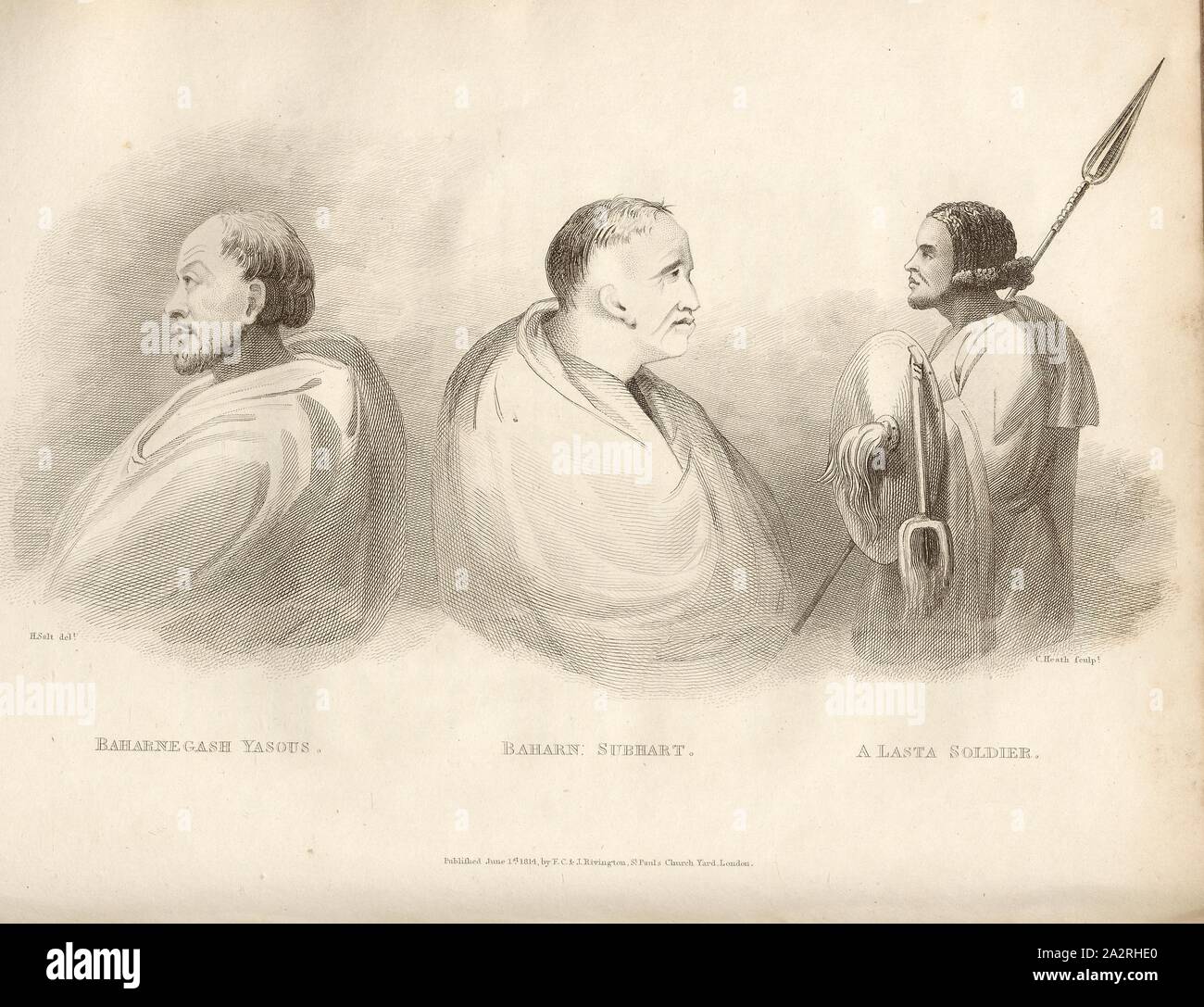 Bahraingash Yasous. Bahrain. Subhart. That Losta Soladir, Three portraits, after p. 238, p., 280, Salt, Henry (del.); Heath, C. (sculp.), 1814, Henry Salt: A voyage to Abyssinia, and travels into the interior of that country, executed under the orders of the British government, in the years 1809 and 1810: in which are included, an account of the Portuguese settlements on the east coast of Africa, visited in the course of the voyage: a concise narrative of late events in Arabia Felix: and some particulars respecting the aboriginal African tribes, extending from Mosambique to the borders of Stock Photo