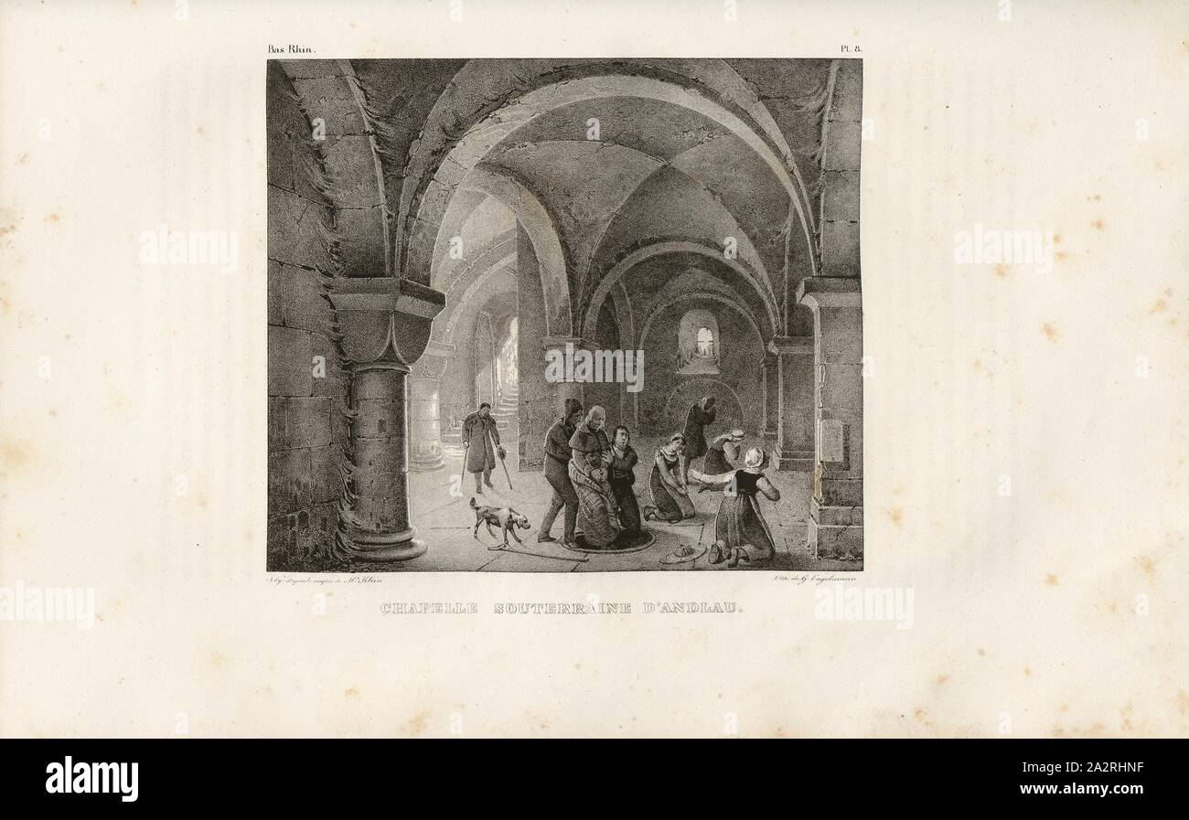 Underground chapel of Andlau, Basement of the chapel of Andlau, Bas Rhin, signed: Joly d'après (...) Small, Lith. De G. Engelmann, pl. 8, to p. 30 (part 2), Joly; Klein; Engelmann, Godefroy (lith.), 1828, De Golbéry, J. G. Schweighäuser: Antiquités de l'Alsace ou châteaux, églises et autres monumens des départemens du Haut- et du Bas-Rhin. Mulhouse [etc.]: Engelmann, 1828 Stock Photo