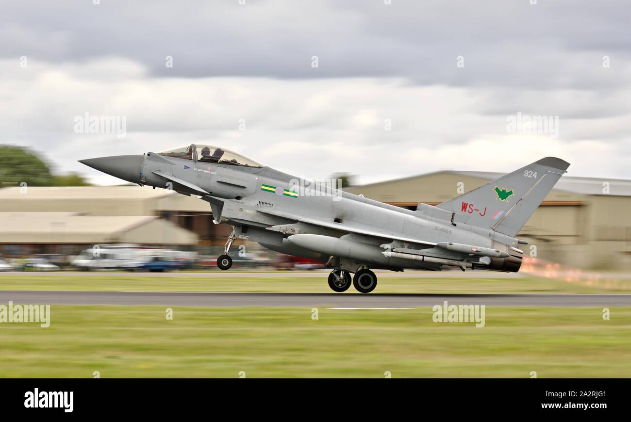 RAF Lossiemouth Aggressors 9 Eurofighter Typhoon performing at the 2019 Royal International Air Tattoo Stock Photo