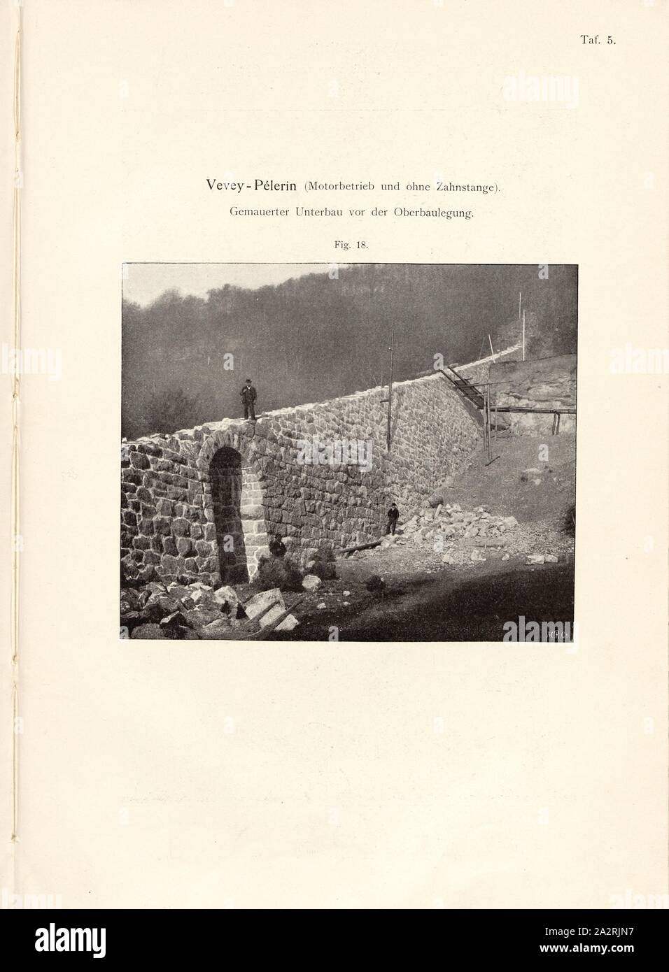 Standseilbahn Vevey - Pélerin (Motorbetrieb und ohne Zahnstange), Fig. 18: Masonry substructure before the upper construction, signed: M. R. Co, Fig. 28, plate 5, after p. 71, E. Strub: Bergbahnen der Schweiz bis 1900. Bd. 1. Wiesbaden: Verlag von J F. Bergmann, 1900 Stock Photo