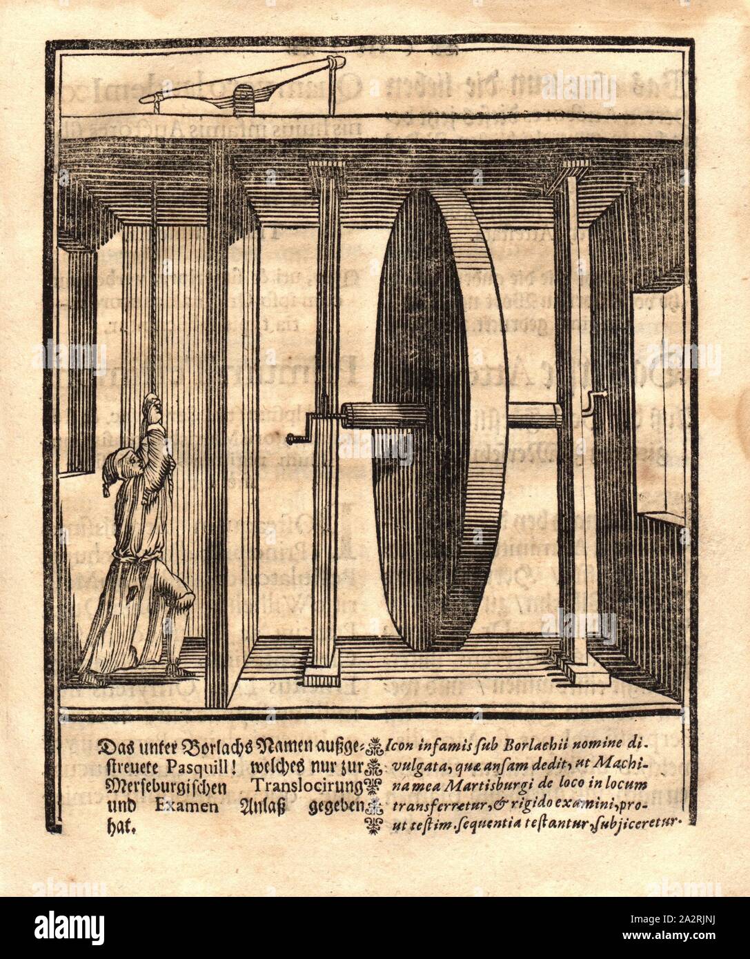 Perpetual motion, Illustration of a perpetual movement from the 18th century, Fig. 5, p. 115, 1719, Johann Ernst Elias Bessler: Das triumphirende perpetuum mobile Orffyreanum an alle Potentaten, hohe Häupter, Regenten und Stände der Welt [...]. Cassel: typis Cassellanis exscriptum; sumptibus ipsius inventoris, 1719 Stock Photo