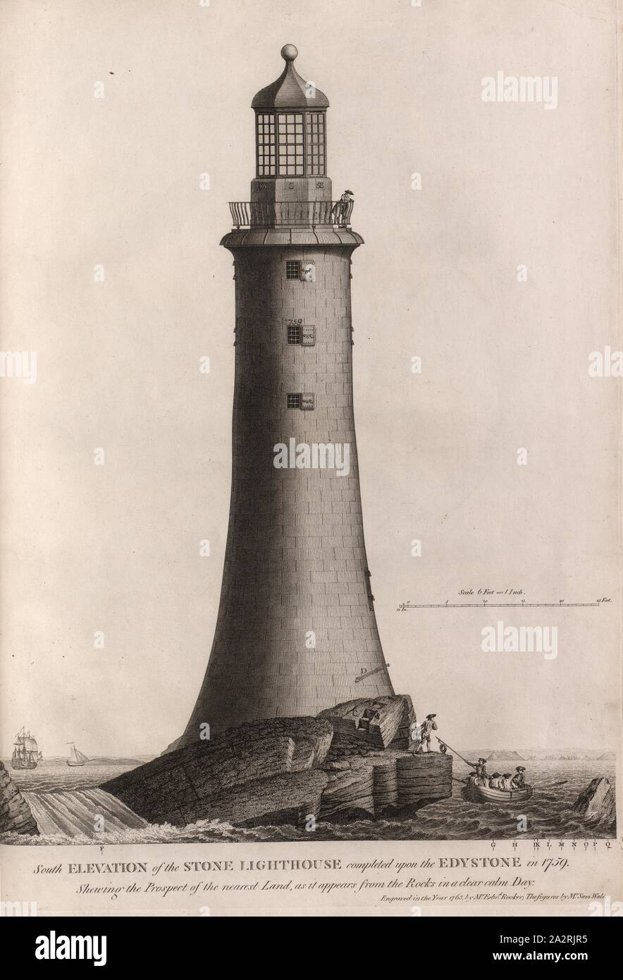 South Elevation of the Stone Lighthouse completed upon the Edystone in 1759 ..., Illustration of the Edystone lighthouse from the 18th century, signed: Engraved in the Year 1763 by Mr. Edwd., Rooker, The figures by Mr. Sam Wale, no. 8, after p. 198, Rooker, Edward (grav.); Wale, Sam, 1763, John Smeaton: A narrative of the building and a description of the construction of the Edystone lighthouse with stone: to which is subjoined, an appendix, giving some account of the lighthouse on the spurn point, built upon a sand. London: printed for the author by H. Hughs: sold by G. Nicol, 1791 Stock Photo