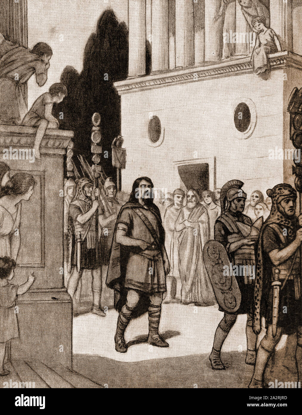 1930's illustration . The British warrior chief  Caratacus of the  Catuvellauni tribe (1st century Britain) after being captured by the Romans Stock Photo