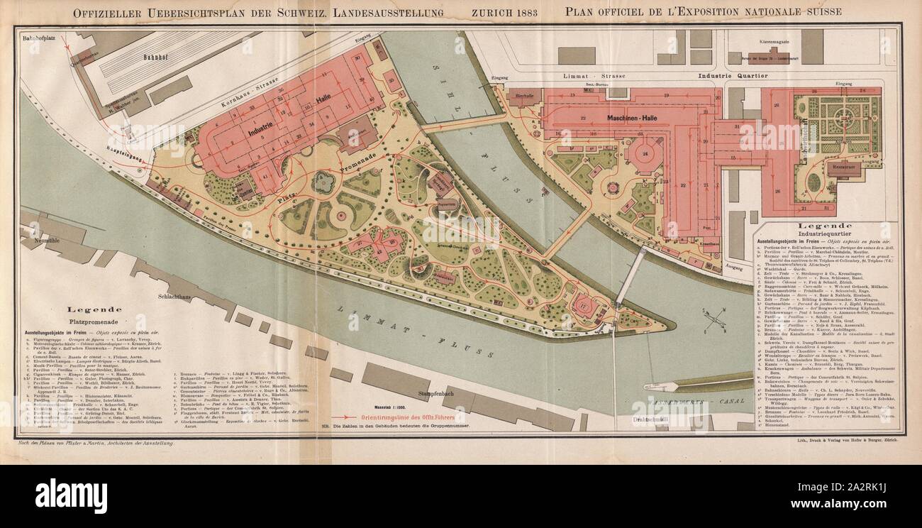 Overview of Switzerland. National Exhibition 1883 - Plan officiel de L  'Exposition National Suisse, Overview of the first Swiss National  Exhibition in Zurich 1883 between Limmat and Sihl at Platzspitz, promenade  and