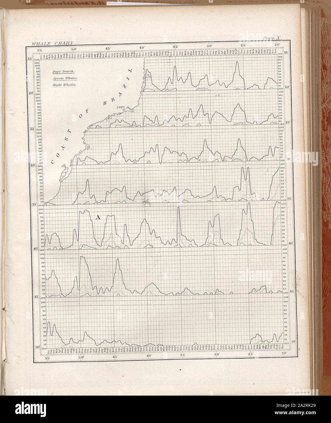 Whale Chart 1, Occurrence of sperm whales and right whales off the coast of Brazil, Pl. X, 1858, M. F. Maury: Sailing directions. Washington, [s.n.], 1858-1859 Stock Photo