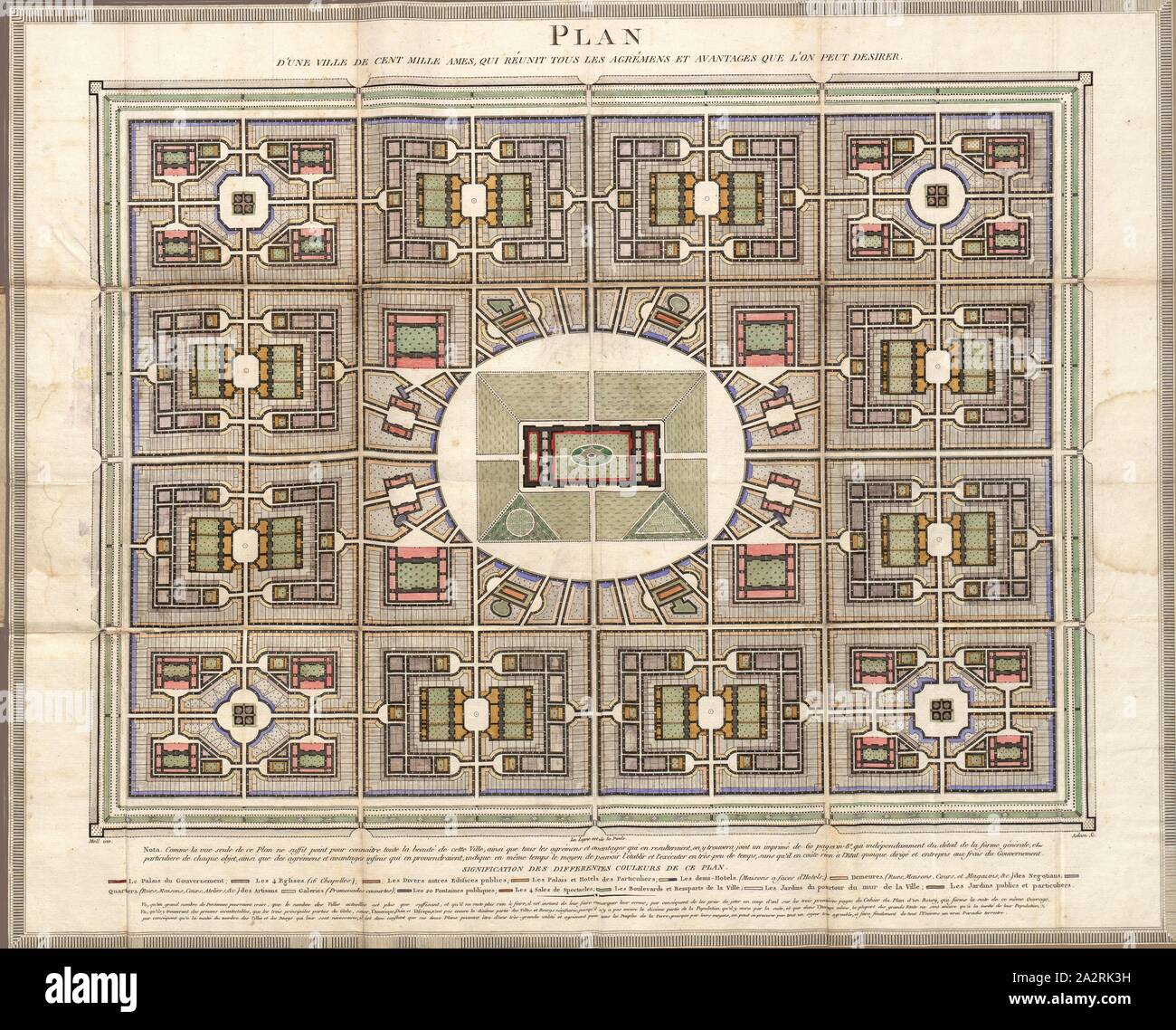 Plan of a City of one hundred thousand souls, which brings together all the amenities and advantages that may be desired, Plan of a city for ten thousand inhabitants from the 19th century, signed: Moll inv, Adam sc, Taf. 1, according to p. 62, Moll, Johann Jakob (inv.); Adam (sc.), 1801, Johann Jakob Moll: Plan d'une ville de cent mille ames [...]. A Bienne: [s.n.], [s.a Stock Photo
