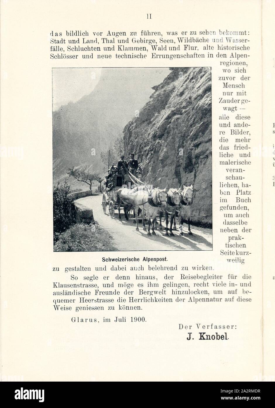 Swiss Alpine Post, Stagecoach, Fig. 1, p. II, 1900, J. Knobel: Illustrierter Reisebegleiter für die Alpenstrasse des Klausen und ihre Zufahrtslinien. Glarus: Buchdruckerei J. Spälti, 1900 Stock Photo