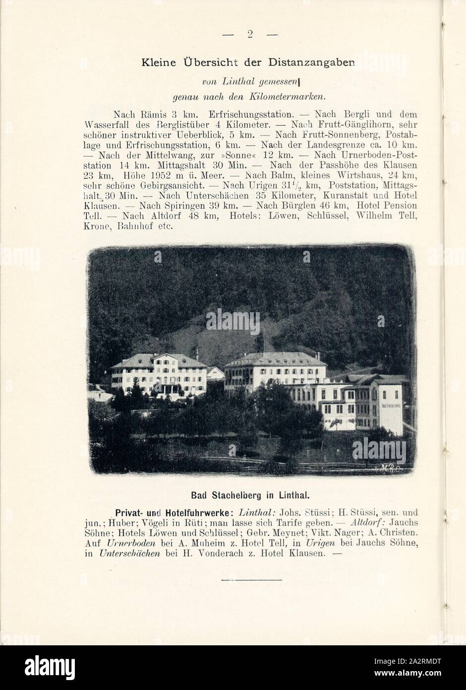 Bad Stachelberg in Linthal, Bad Stachelberg in the Canton of Glarus, Signed: M.R.C, Fig. 2, p. 2, Meisenbach, Riffarth und Co. (imp.), 1900, J. Knobel: Illustrierter Reisebegleiter für die Alpenstrasse des Klausen und ihre Zufahrtslinien. Glarus: Buchdruckerei J. Spälti, 1900 Stock Photo