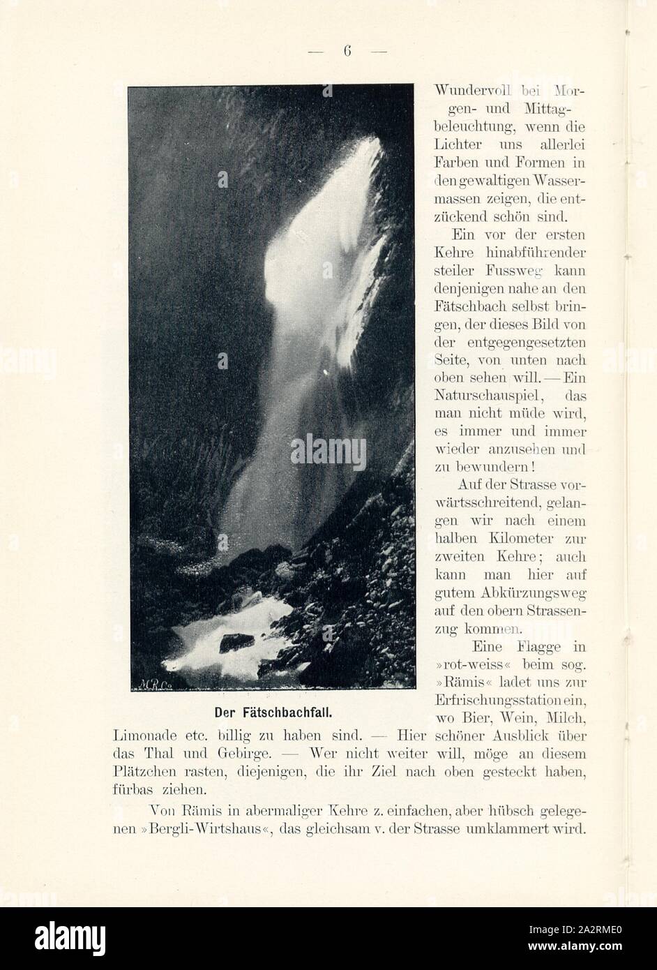 The Fätschbach case, Waterfall in Linthal (Canton of Glarus), Signed: M.R.C, Fig. 5, p. 6, Meisenbach, Riffarth und Co. (imp.), 1900, J. Knobel: Illustrierter Reisebegleiter für die Alpenstrasse des Klausen und ihre Zufahrtslinien. Glarus: Buchdruckerei J. Spälti, 1900 Stock Photo