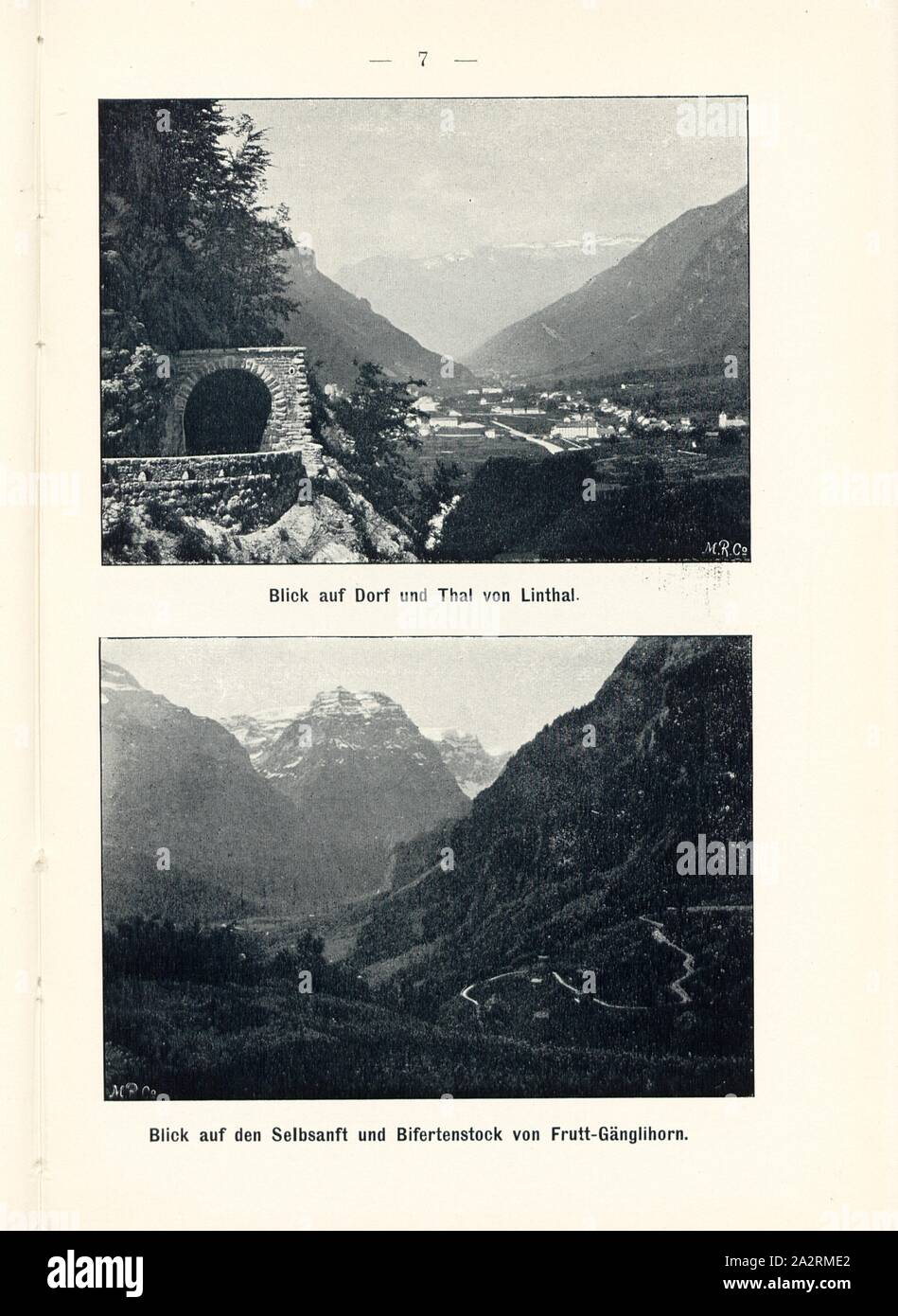 View of village and valley of Linthal and view of the Selbsanft and Bifertenstock frutt-Gänglihorn, Klausenstrasse, Signed: M.R.C, Fig. 6, p. 7, Meisenbach, Riffarth und Co. (imp.), 1900, J. Knobel: Illustrierter Reisebegleiter für die Alpenstrasse des Klausen und ihre Zufahrtslinien. Glarus: Buchdruckerei J. Spälti, 1900 Stock Photo