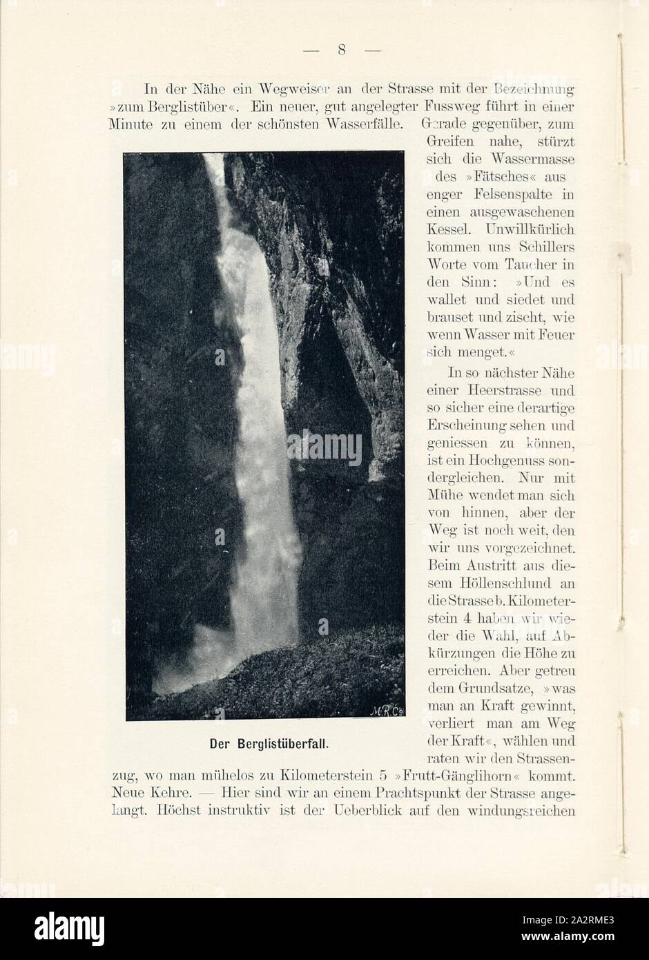 Berg List Uber Fall, Waterfall in Linthal (Canton of Glarus), Signed: M.R.C, Fig. 7, p. 8, Meisenbach, Riffarth und Co. (imp.), 1900, J. Knobel: Illustrierter Reisebegleiter für die Alpenstrasse des Klausen und ihre Zufahrtslinien. Glarus: Buchdruckerei J. Spälti, 1900 Stock Photo