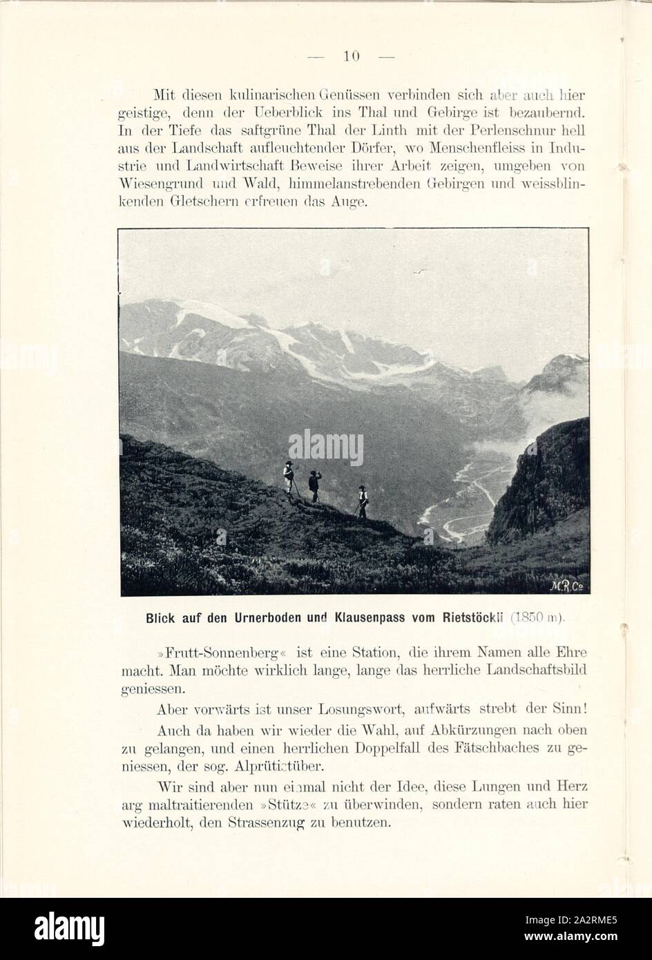 View of the Urnerboden and Klausenpass from Rietstöckli, Rietstöckli in the Canton of Glarus, Signed: M.R.C, Fig. 9, p. 10, Meisenbach, Riffarth und Co. (imp.), 1900, J. Knobel: Illustrierter Reisebegleiter für die Alpenstrasse des Klausen und ihre Zufahrtslinien. Glarus: Buchdruckerei J. Spälti, 1900 Stock Photo