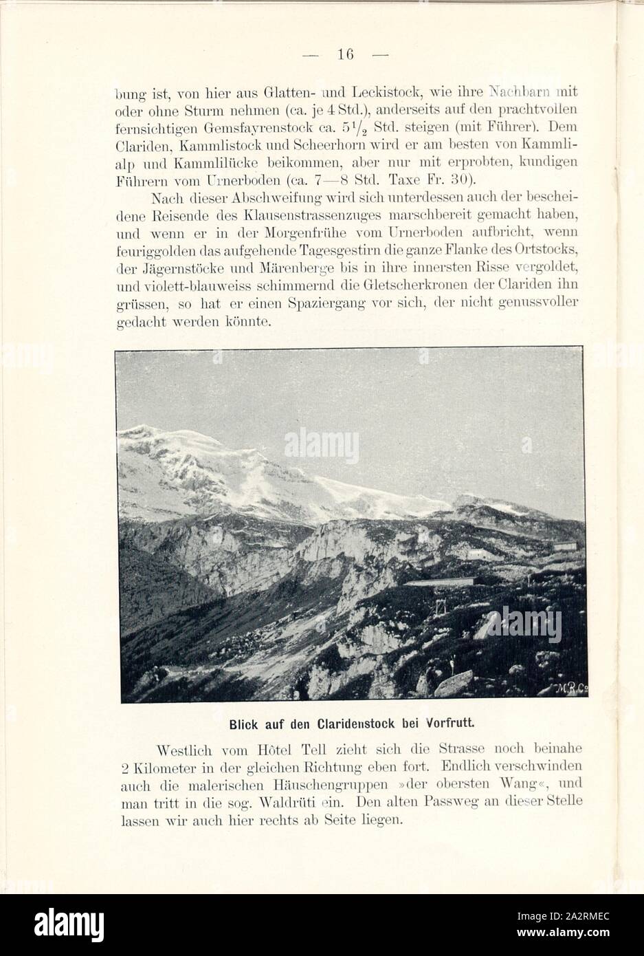 View of the Claridenstock at Vorfrutt, View from the Urnerboden in the canton of Uri, Signed: M.R.C, Fig. 14, p. 16, Meisenbach, Riffarth und Co. (imp.), 1900, J. Knobel: Illustrierter Reisebegleiter für die Alpenstrasse des Klausen und ihre Zufahrtslinien. Glarus: Buchdruckerei J. Spälti, 1900 Stock Photo