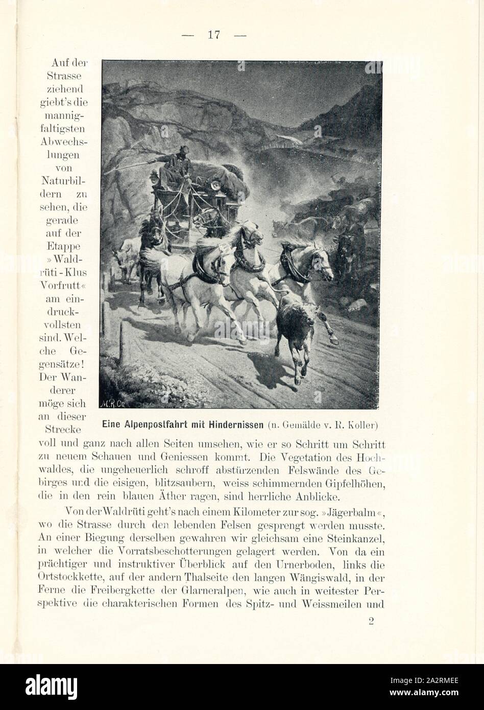Eine Alpenpostfahrt mit Hindernissen (n. Gemälde v. R. Koller), The Gotthardpost, Signed: M.R.C, Fig. 15, p. 17, Koller, Rudolf (pinx.); Meisenbach, Riffarth und Co. (imp.), 1900, J. Knobel: Illustrierter Reisebegleiter für die Alpenstrasse des Klausen und ihre Zufahrtslinien. Glarus: Buchdruckerei J. Spälti, 1900 Stock Photo
