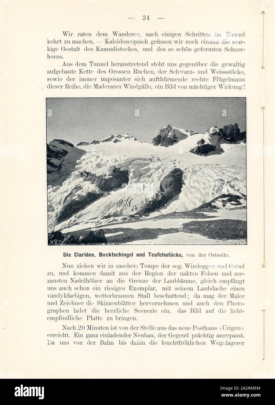 The Clariden, Bursschingel and Teufelsstöcke, from the east side, Glarus Alps, Signed: M.R.C, Fig. 23, p. 24, Meisenbach, Riffarth und Co. (imp.), 1900, J. Knobel: Illustrierter Reisebegleiter für die Alpenstrasse des Klausen und ihre Zufahrtslinien. Glarus: Buchdruckerei J. Spälti, 1900 Stock Photo