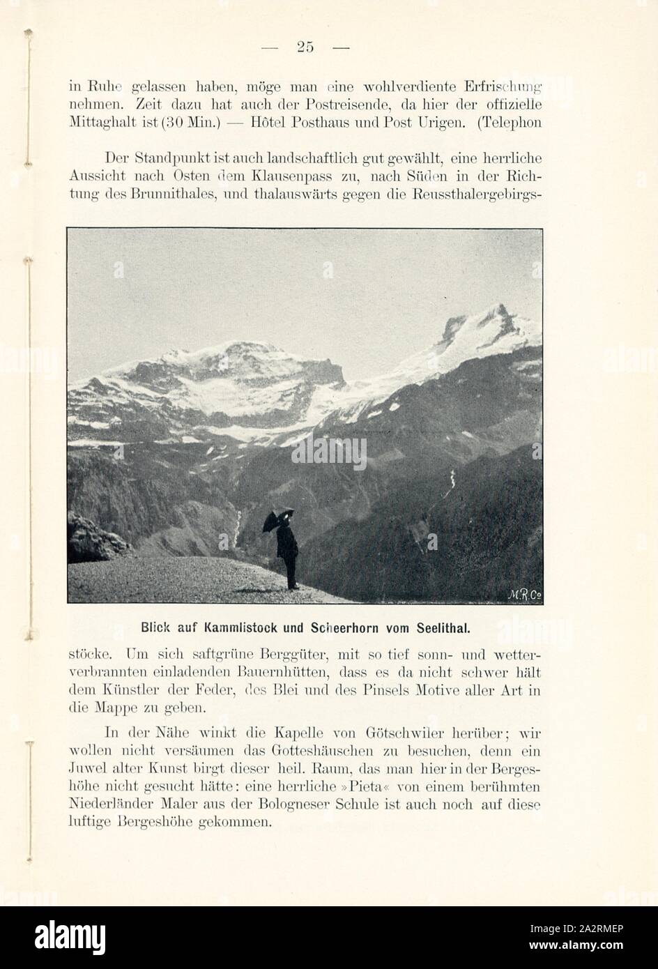 View of Kammlistock and Scheerhorn from Seelithal, Seelithal on Klausenstrasse, Signed: M.R.C, Fig. 24, p. 25, Meisenbach, Riffarth und Co. (imp.), 1900, J. Knobel: Illustrierter Reisebegleiter für die Alpenstrasse des Klausen und ihre Zufahrtslinien. Glarus: Buchdruckerei J. Spälti, 1900 Stock Photo