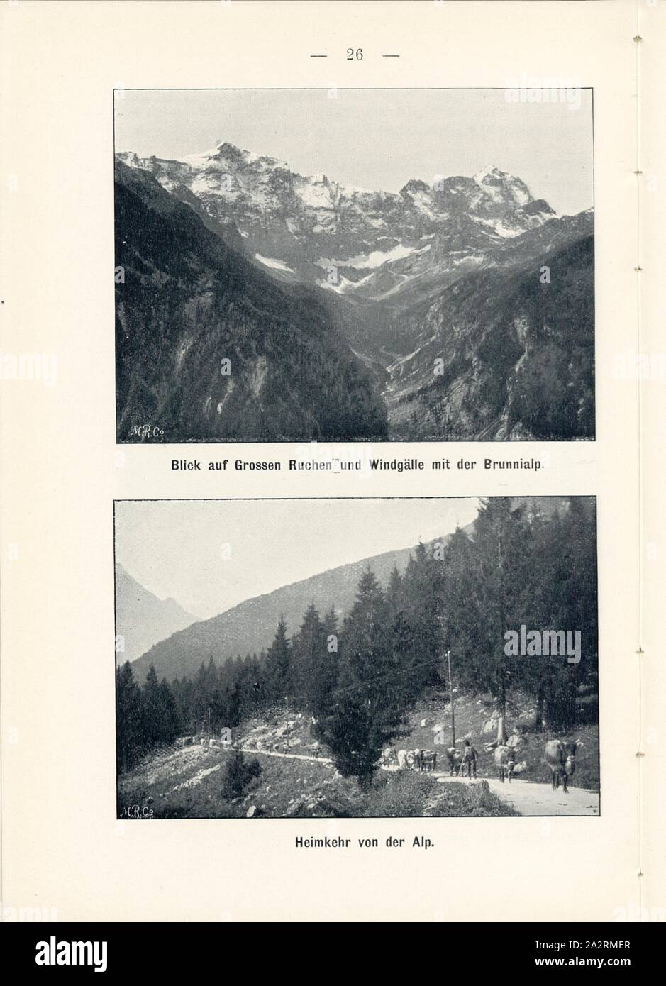 View of Great Ruchen and Windgälle with the Brunnialp and homecoming from the Alp, Glarus Alps, Signed: M.R.C, Fig. 24, p. 26, Meisenbach, Riffarth und Co. (imp.), 1900, J. Knobel: Illustrierter Reisebegleiter für die Alpenstrasse des Klausen und ihre Zufahrtslinien. Glarus: Buchdruckerei J. Spälti, 1900 Stock Photo