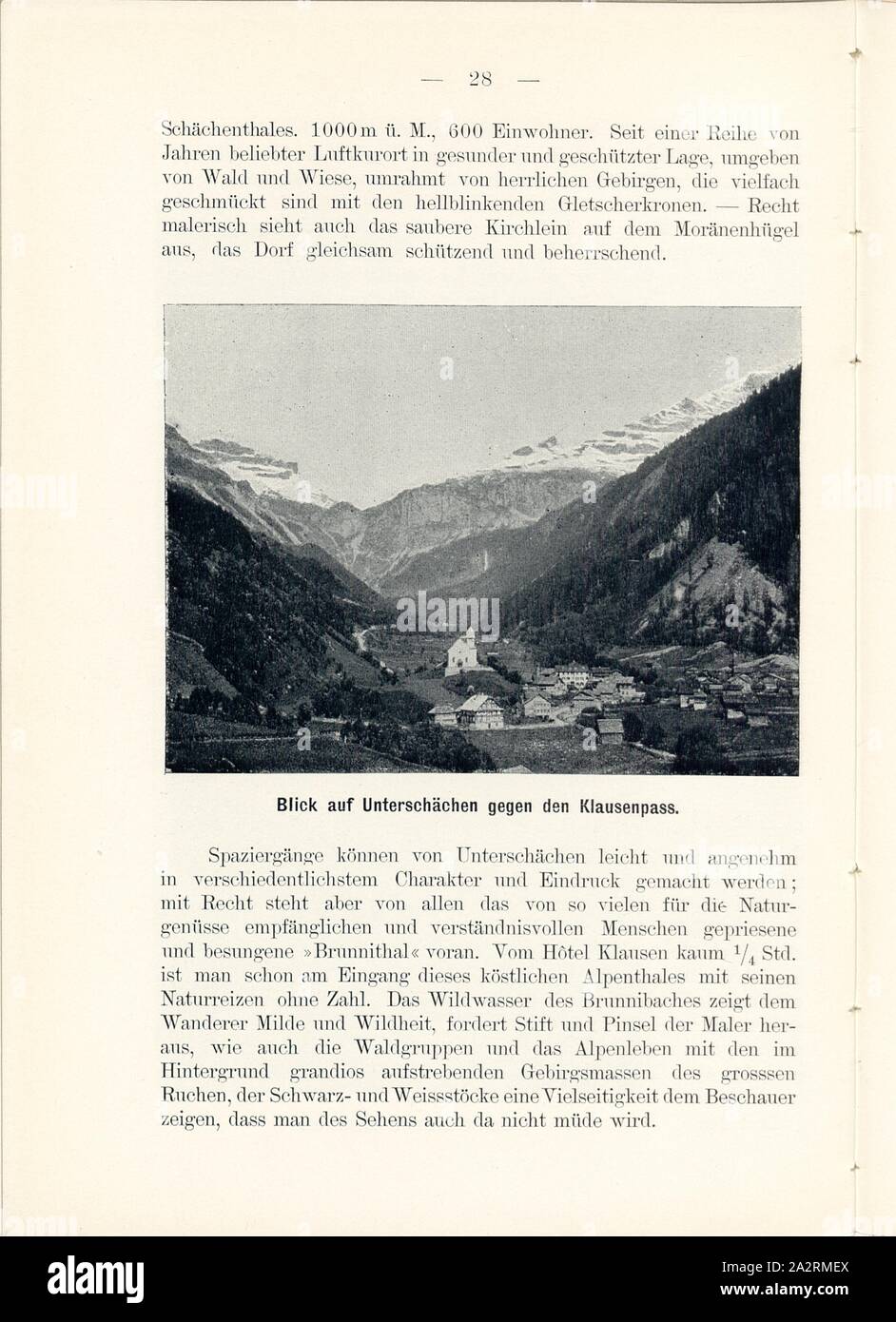 View of Unterschächen against the Klausenpass, Unterschächen in the canton of Uri, Signed: M.R.C, Fig. 26, p. 28, Meisenbach, Riffarth und Co. (imp.), 1900, J. Knobel: Illustrierter Reisebegleiter für die Alpenstrasse des Klausen und ihre Zufahrtslinien. Glarus: Buchdruckerei J. Spälti, 1900 Stock Photo