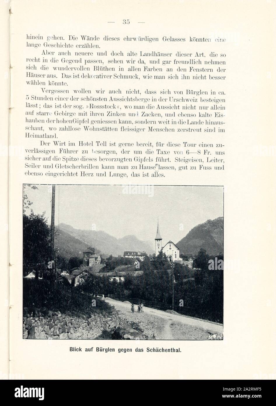 View of Bürglen against the Schächenthal, Bürglen in the canton of Uri, Signed: M.R.C, Fig. 33, p. 35, Meisenbach, Riffarth und Co. (imp.), 1900, J. Knobel: Illustrierter Reisebegleiter für die Alpenstrasse des Klausen und ihre Zufahrtslinien. Glarus: Buchdruckerei J. Spälti, 1900 Stock Photo
