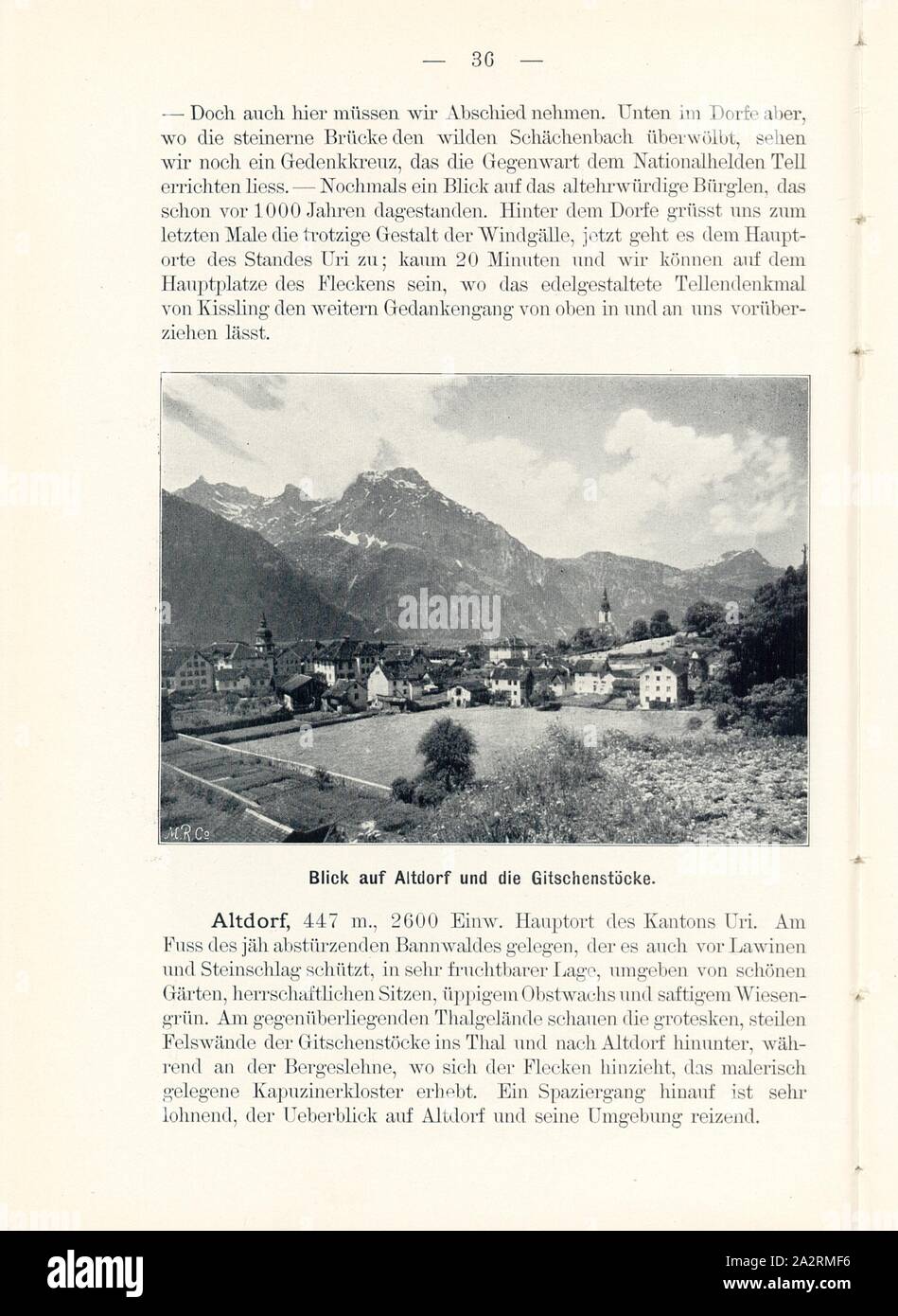 View of Altdorf and the Gitschenstöcke, Altdorf in Canton Uri, Signed: M.R.C, Fig. 34, p. 36, Meisenbach, Riffarth und Co. (imp.), 1900, J. Knobel: Illustrierter Reisebegleiter für die Alpenstrasse des Klausen und ihre Zufahrtslinien. Glarus: Buchdruckerei J. Spälti, 1900 Stock Photo