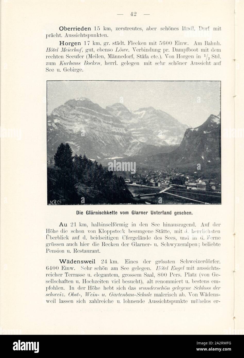 The Glärnischkette seen from Glarner Unterland, Glärnisch in the Canton of Glarus, Signed: M.R.C, Fig. 43, p. 42, Meisenbach, Riffarth und Co. (imp.), 1900, J. Knobel: Illustrierter Reisebegleiter für die Alpenstrasse des Klausen und ihre Zufahrtslinien. Glarus: Buchdruckerei J. Spälti, 1900 Stock Photo