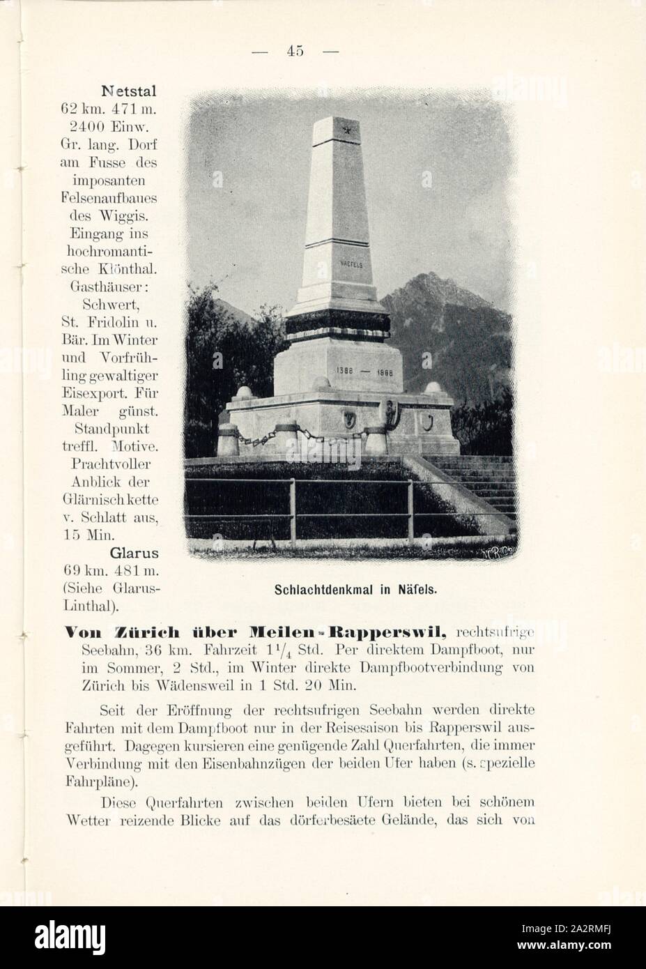 Battle memorial in Näfels, Monument to the Battle of Näfels 1388 in the Canton of Glarus, Signed: M.R.C, Fig. 45, p. 45, Meisenbach, Riffarth und Co. (imp.), 1900, J. Knobel: Illustrierter Reisebegleiter für die Alpenstrasse des Klausen und ihre Zufahrtslinien. Glarus: Buchdruckerei J. Spälti, 1900 Stock Photo