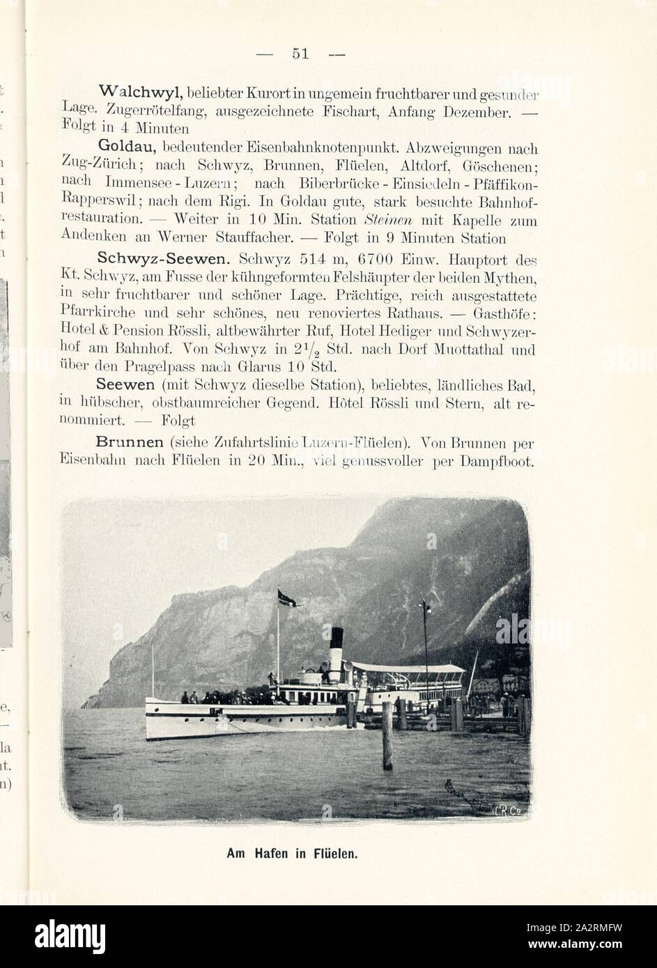 At the harbor in Flüelen, Steamboat on Lake Lucerne in the canton of Uri, Signed: M.R.C, Fig. 52, p. 51, Meisenbach, Riffarth und Co. (imp.), 1900, J. Knobel: Illustrierter Reisebegleiter für die Alpenstrasse des Klausen und ihre Zufahrtslinien. Glarus: Buchdruckerei J. Spälti, 1900 Stock Photo
