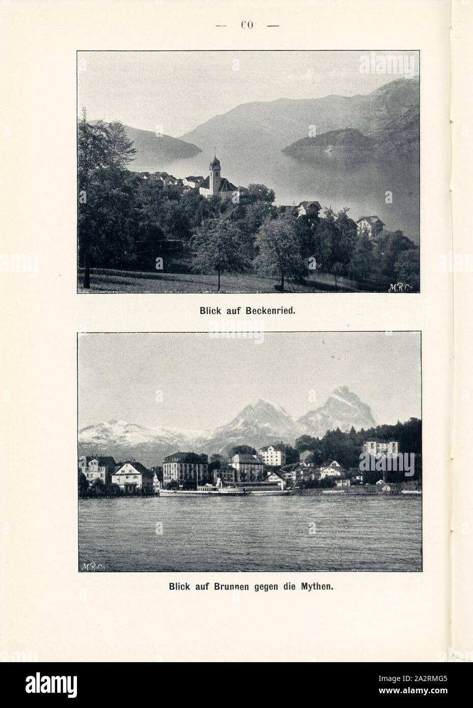 View of Beckenried and view of fountains against the myths, Beckenried in the Canton of Nidwalden and Brunnen in the Canton of Schwyz, Signed: M.R.C, Fig. 61 and 62, p. 60, Meisenbach, Riffarth und Co. (imp.), 1900, J. Knobel: Illustrierter Reisebegleiter für die Alpenstrasse des Klausen und ihre Zufahrtslinien. Glarus: Buchdruckerei J. Spälti, 1900 Stock Photo