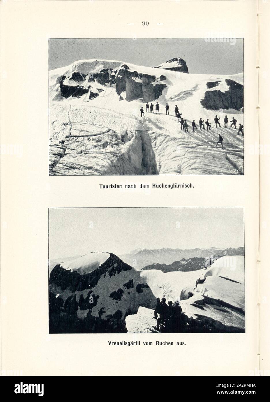 Tourists after smoking Glärnisch and Vrenelisgärtli from smoking, Alpinists in the Glarus Alps, Signed: M.R.C, Fig. 91 and 92, p. 83, Meisenbach, Riffarth und Co. (imp.), 1900, J. Knobel: Illustrierter Reisebegleiter für die Alpenstrasse des Klausen und ihre Zufahrtslinien. Glarus: Buchdruckerei J. Spälti, 1900 Stock Photo