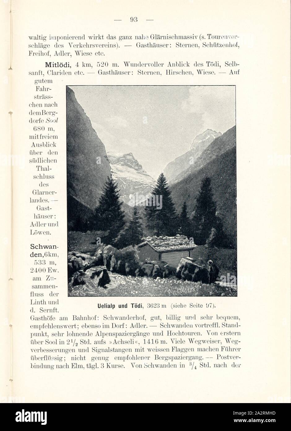 Uelialp and Tödi, 3623 m, Uelialp in the Canton of Glarus, Signed: M.R.C, Fig. 95, p. 93, Meisenbach, Riffarth und Co. (imp.), 1900, J. Knobel: Illustrierter Reisebegleiter für die Alpenstrasse des Klausen und ihre Zufahrtslinien. Glarus: Buchdruckerei J. Spälti, 1900 Stock Photo