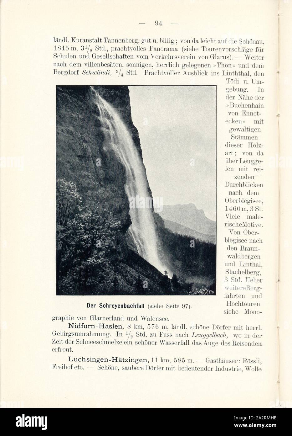 The Schreyenbach Falls, Schreyenbach Falls in the Canton of Glarus, Signed: M.R.C, Fig. 96, p. 94, Meisenbach, Riffarth und Co. (imp.), 1900, J. Knobel: Illustrierter Reisebegleiter für die Alpenstrasse des Klausen und ihre Zufahrtslinien. Glarus: Buchdruckerei J. Spälti, 1900 Stock Photo