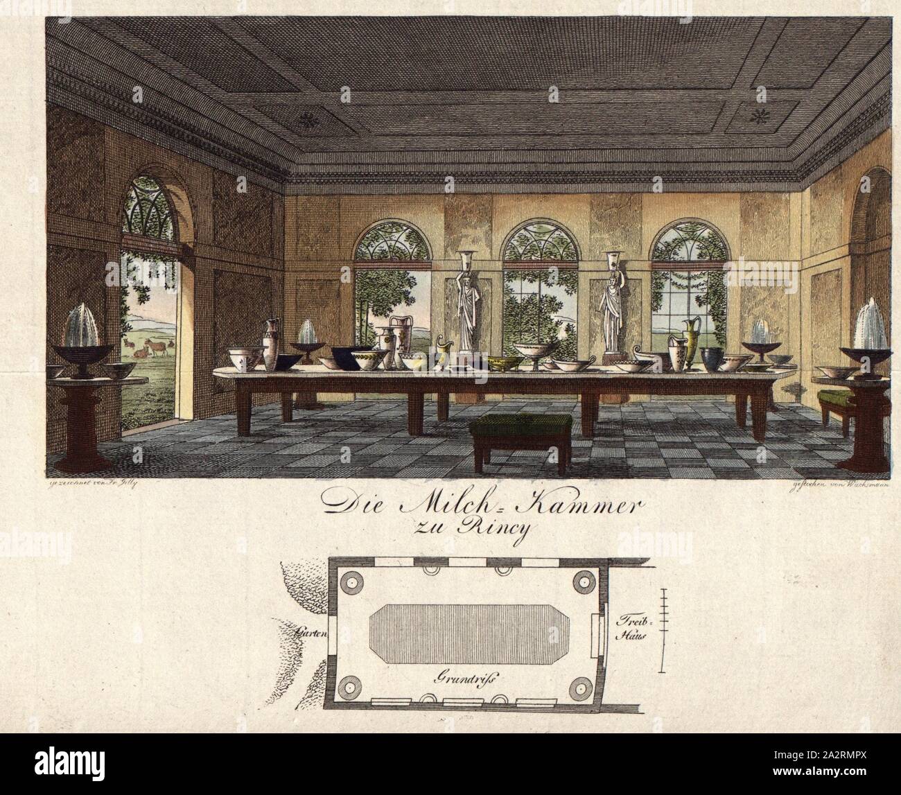 The milk chamber to Rincy, Copper engraving, Signed: drawn by Fr. Gilly; engraved by Wachsmann, Fig. 1, Gilly, Fr. (gez.); Wachsmann (gest.), 1799, D. Gilly (Hg.): Sammlung von Aufsätzen und Nachrichten die Baukunst betreffend. Für angehende Baumeister und Freunde der Architektur. Jg. 1799. Bd. 2. Berlin: J. F. Unger (& G. Hayn), 1797-1800 Stock Photo