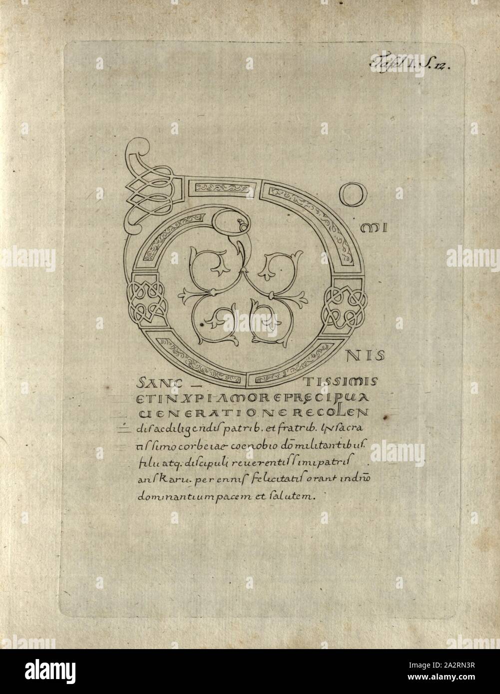 Initial from a manuscript, Redrawing of an initial from a manuscript from the library of the Weingarten monastery, pl. 1, p. 12, 1786, Georg Wilhelm Zapf: Reisen in einige Klöster Schwabens, durch den Schwarzwald und in die Schweiz im Jahre 1781: worinn von Bibliotheken, Altherthümern, Geschichte und vom Zustand der Litteratur überhaupt Nachricht gegeben wird. Erlangen: bey Johann Jakob Palm, 1786 Stock Photo