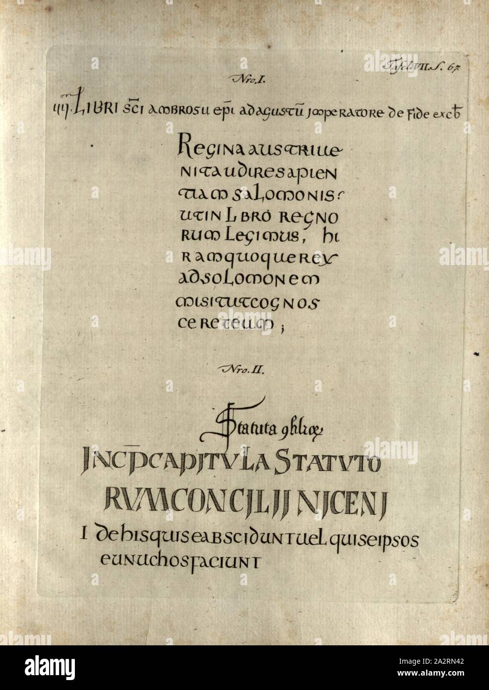 Carolingian manuscripts, Samples from Two Carolingian Manuscripts, Plate 7, p. 67, 1786, Georg Wilhelm Zapf: Reisen in einige Klöster Schwabens, durch den Schwarzwald und in die Schweiz im Jahre 1781: worinn von Bibliotheken, Altherthümern, Geschichte und vom Zustand der Litteratur überhaupt Nachricht gegeben wird. Erlangen: bey Johann Jakob Palm, 1786 Stock Photo