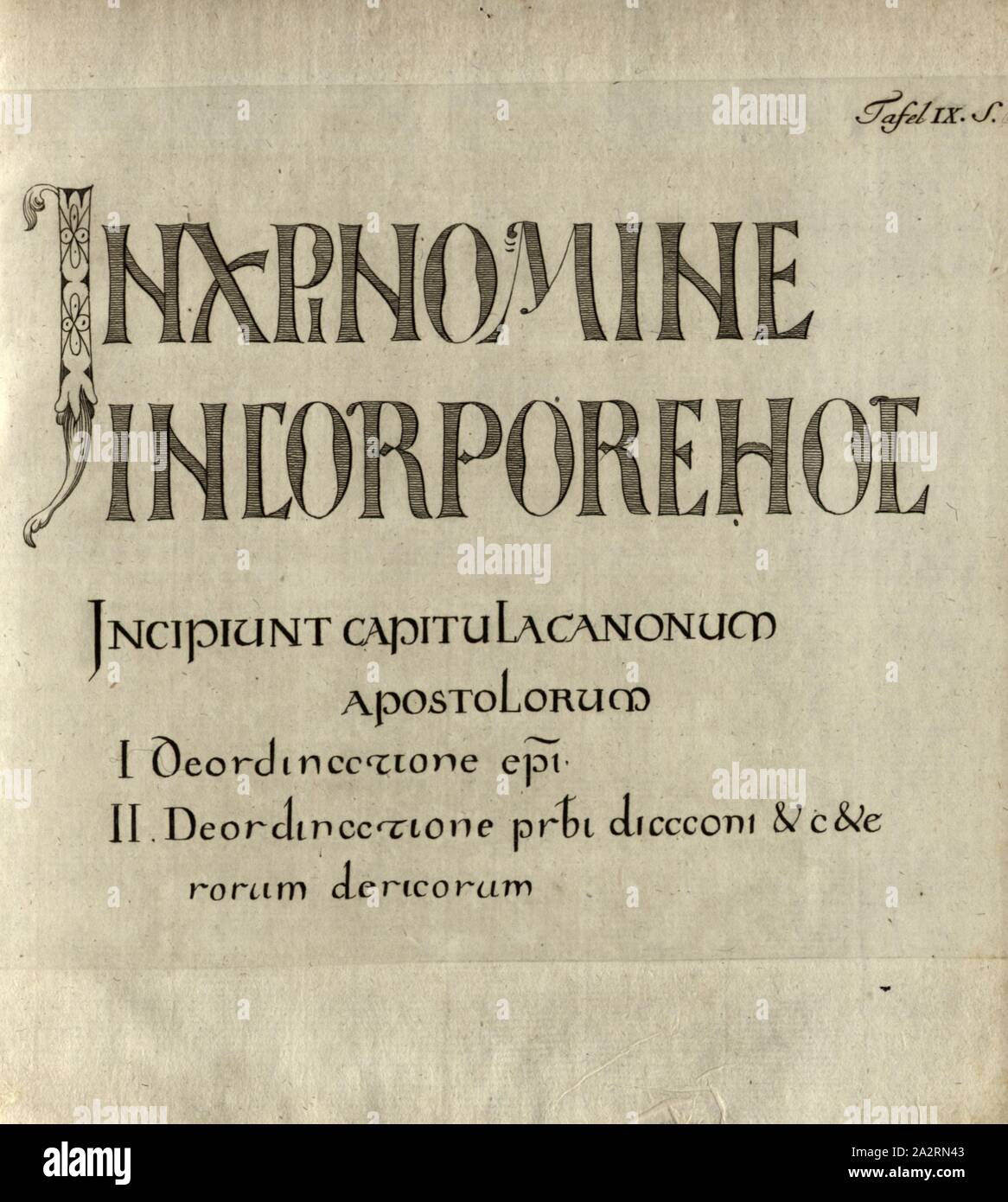 Title section, Redrawing of a title section, pl. 9, p. 67, 1786, Georg Wilhelm Zapf: Reisen in einige Klöster Schwabens, durch den Schwarzwald und in die Schweiz im Jahre 1781: worinn von Bibliotheken, Altherthümern, Geschichte und vom Zustand der Litteratur überhaupt Nachricht gegeben wird. Erlangen: bey Johann Jakob Palm, 1786 Stock Photo