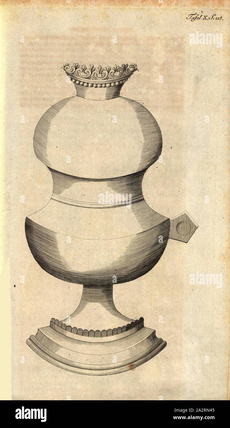 drinking vessel, Drawing of a wooden goblet with lid, plate 10, p. 115, 1786, Georg Wilhelm Zapf: Reisen in einige Klöster Schwabens, durch den Schwarzwald und in die Schweiz im Jahre 1781: worinn von Bibliotheken, Altherthümern, Geschichte und vom Zustand der Litteratur überhaupt Nachricht gegeben wird. Erlangen: bey Johann Jakob Palm, 1786 Stock Photo