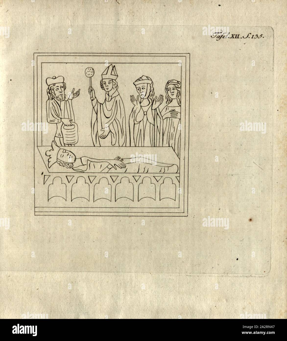 Miniature, Drawing of a Miniature, Plate 12, p. 135, 1786, Georg Wilhelm Zapf: Reisen in einige Klöster Schwabens, durch den Schwarzwald und in die Schweiz im Jahre 1781: worinn von Bibliotheken, Altherthümern, Geschichte und vom Zustand der Litteratur überhaupt Nachricht gegeben wird. Erlangen: bey Johann Jakob Palm, 1786 Stock Photo