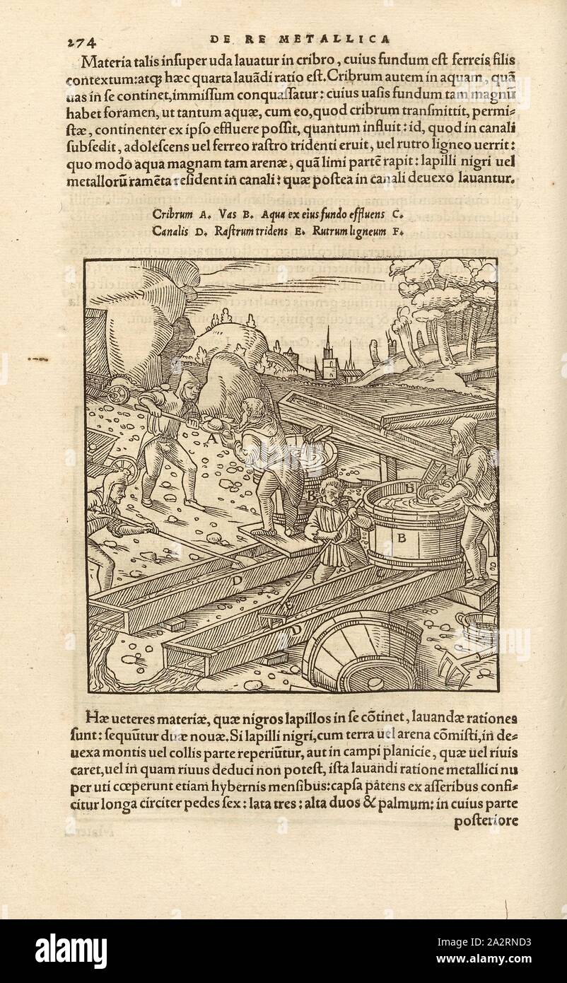 Waschtröge 4, In a sloping washing trough, the tingrains are freed of sand  with wooden tools, woodcut, p. 274, (Liber octavus), Manuel, Hans Rudolf  (graveur sur bois), 1556, Georgius Agricola: De re
