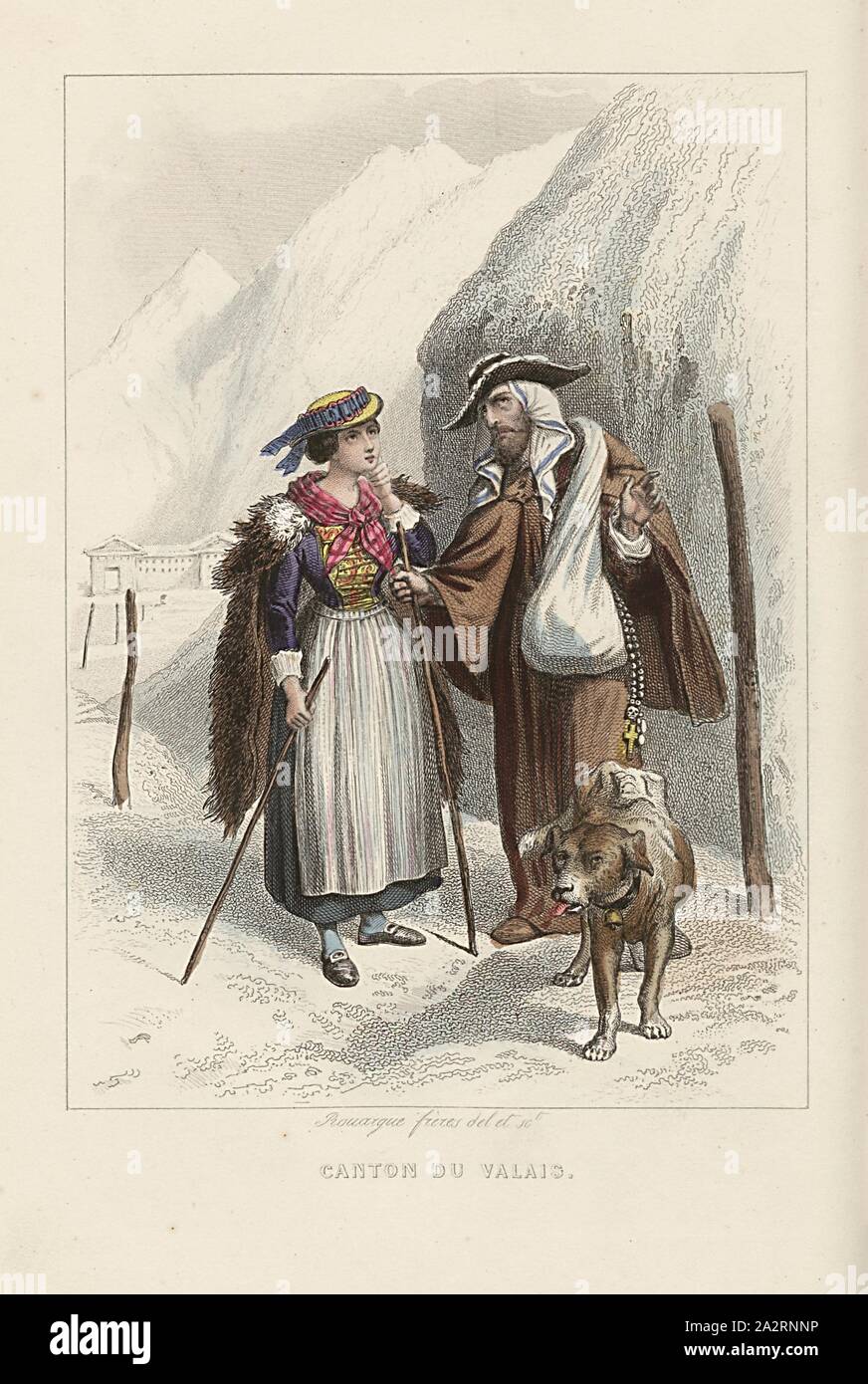 Canton of Valais, Woman in Valais costume and monk with a dog on the Great St. Bernard; Colored etching, to p. 142, Rouargue frères (del. et sc.), Xavier Marmier: Voyage en Suisse. Paris: Morizot, [1861 Stock Photo