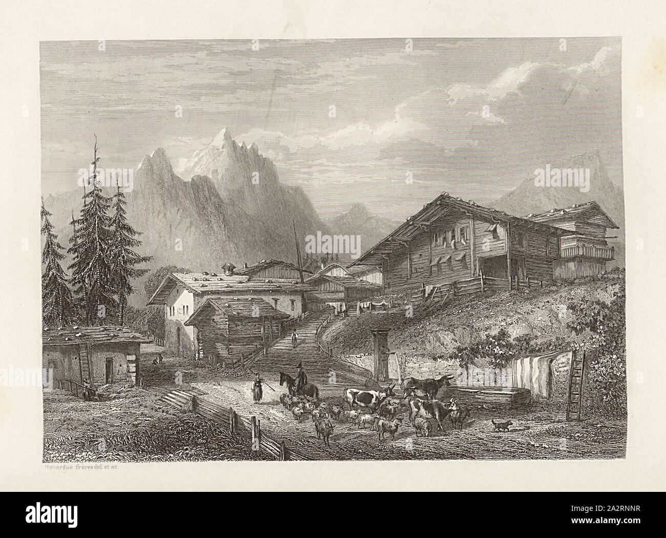 Louëche les Bains, Leukerbad, etching, to p. 164, Rouargue frères (del. et sc.), Xavier Marmier: Voyage en Suisse. Paris: Morizot, [1861 Stock Photo